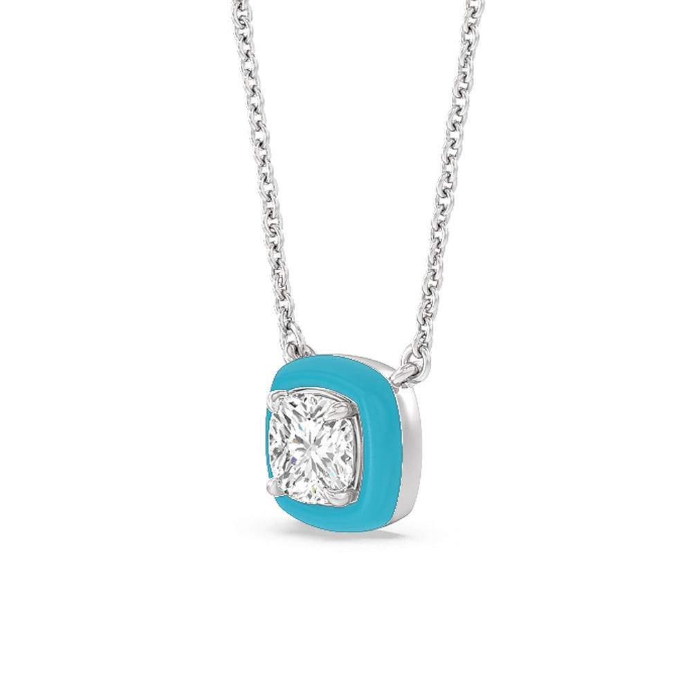 Classic Cushion Bezel Necklace in Ceramic with 14KT White Gold / Aqua / 1 Cut Diamond in 14KT White Gold / Aqua / 1 view 2
