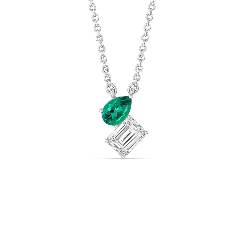 Toi et Moi Created Emerald Pear and Emerald Shape Diamond Necklace