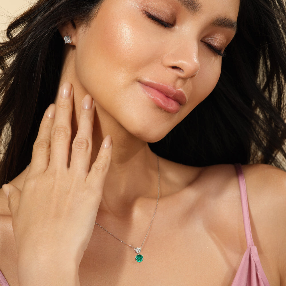 Model Wearing Emerald and Diamond Duo Necklace view