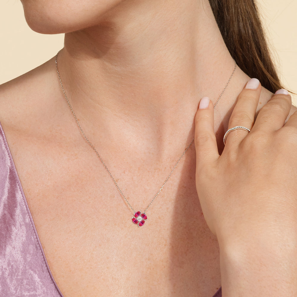 Model Wearing Ruby and Diamond Hydrangea Necklace view