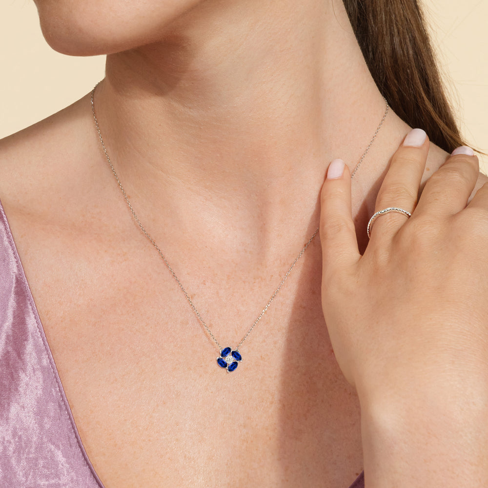 Model Wearing Sapphire and Diamond Hydrangea Necklace view