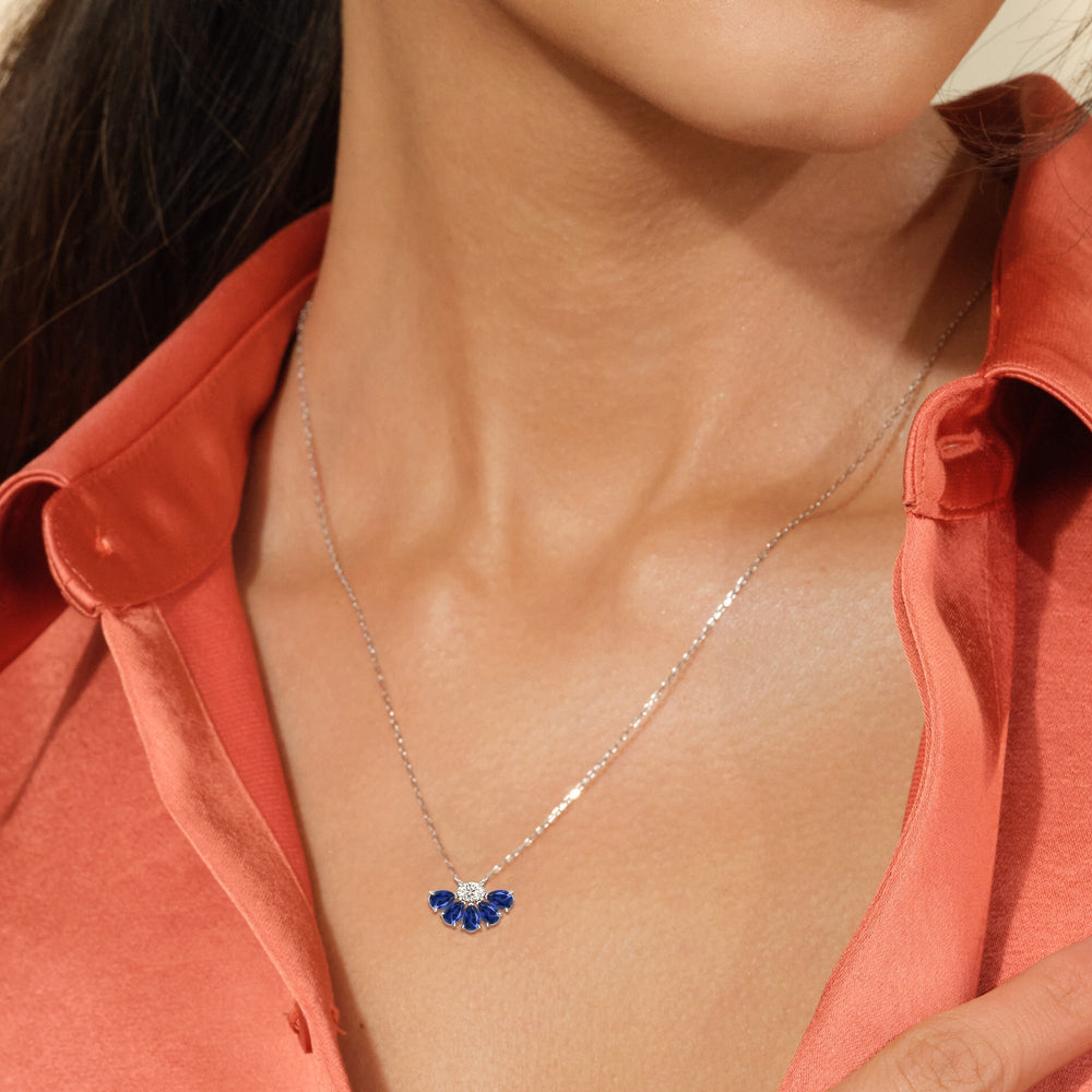 Model Wearing Sapphire and Diamond Daisy Petals Necklace view