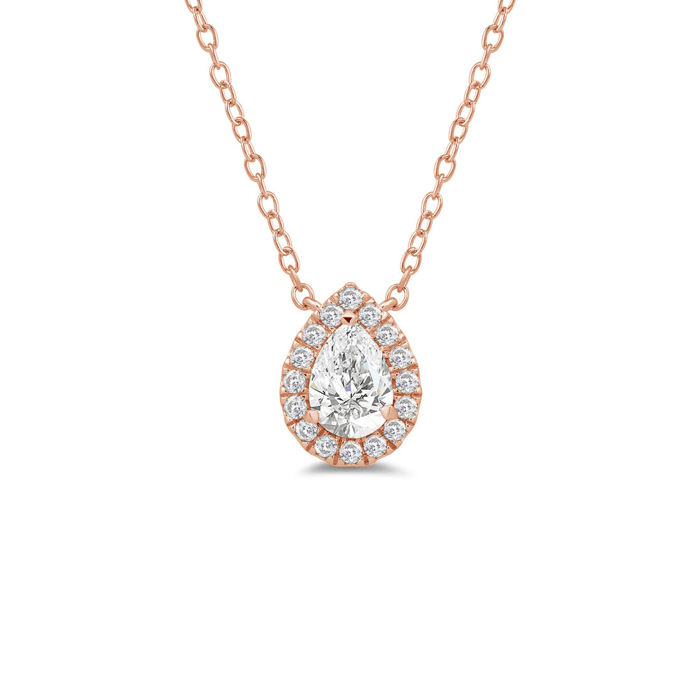 Halo Pear Lab Created Diamond Necklace with 14KT Rose Gold / Lab / 3/4 Cut Diamond in 14KT Rose Gold / Lab / 3/4 view 4
