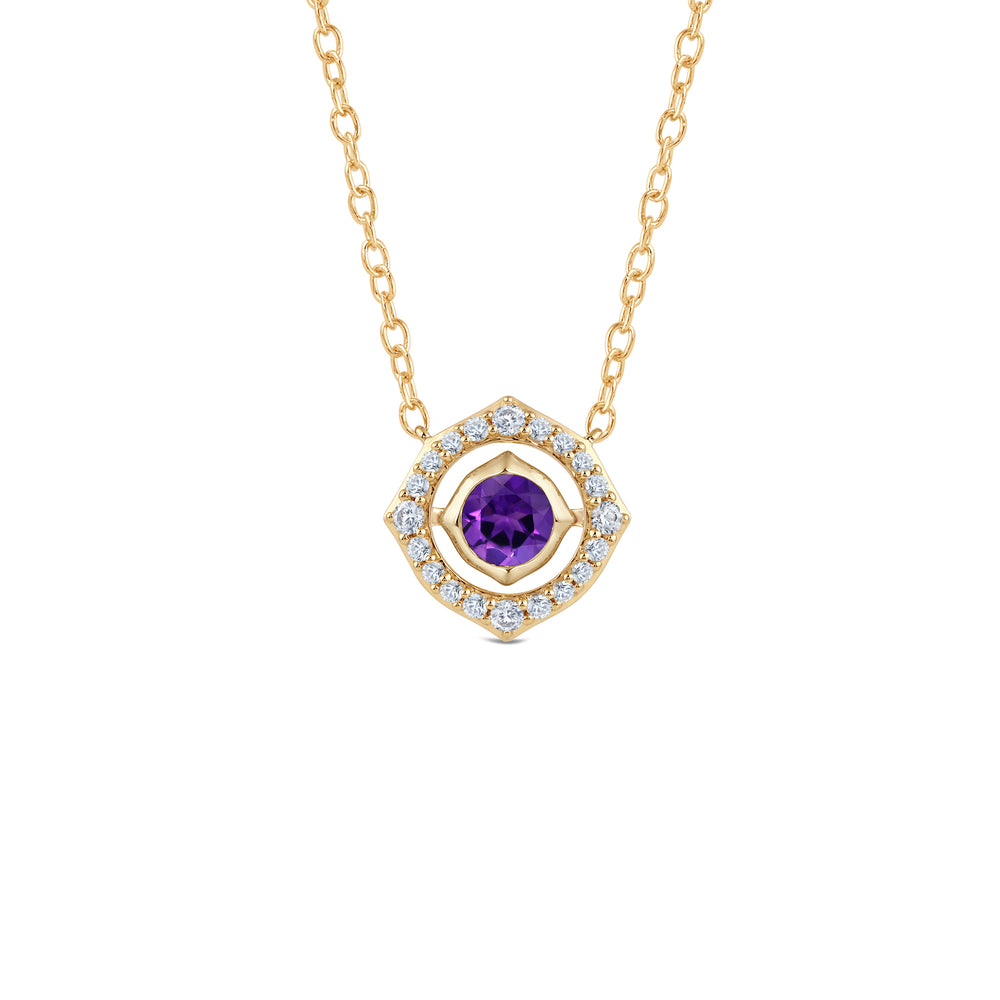 Signature Amethyst Birthstone Necklace with 4 Cut Diamond in 14KT Yellow Gold view 1
