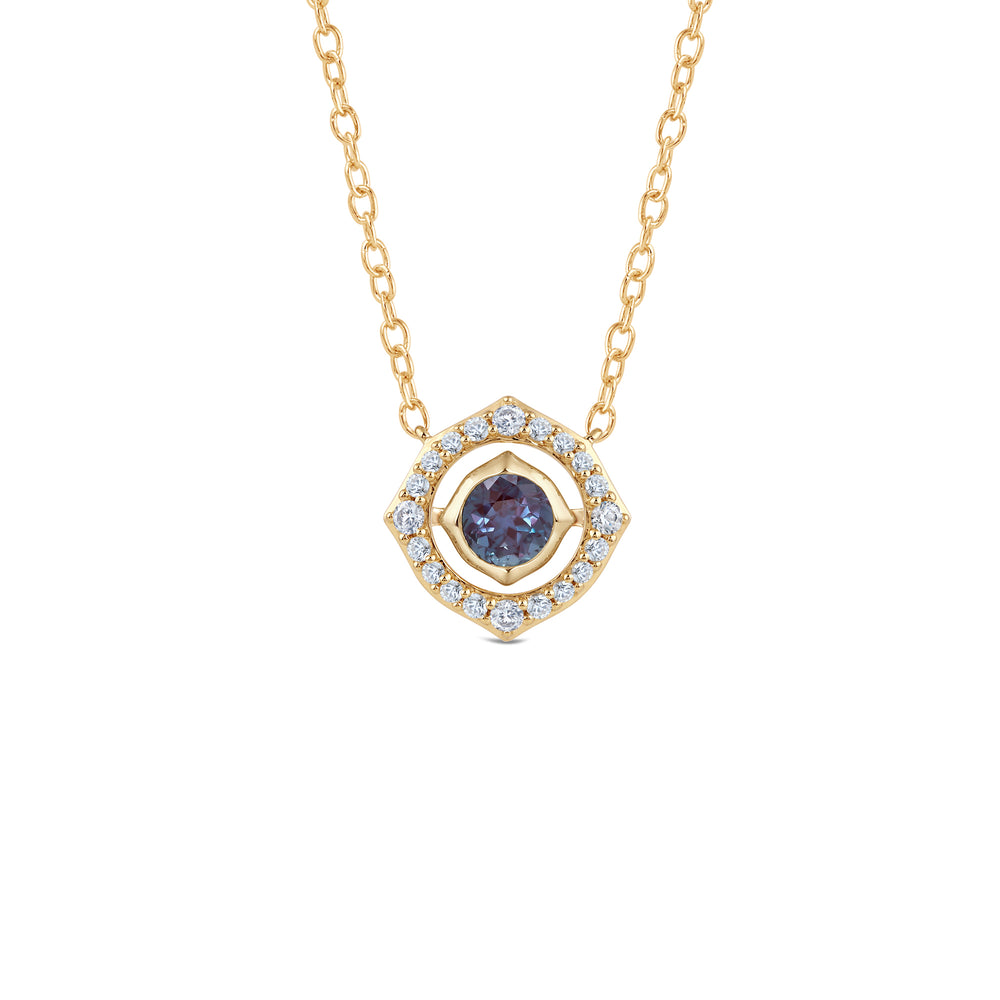 Signature Alexandrite Birthstone Necklace with 4 Cut Diamond in 14KT Yellow Gold view 1
