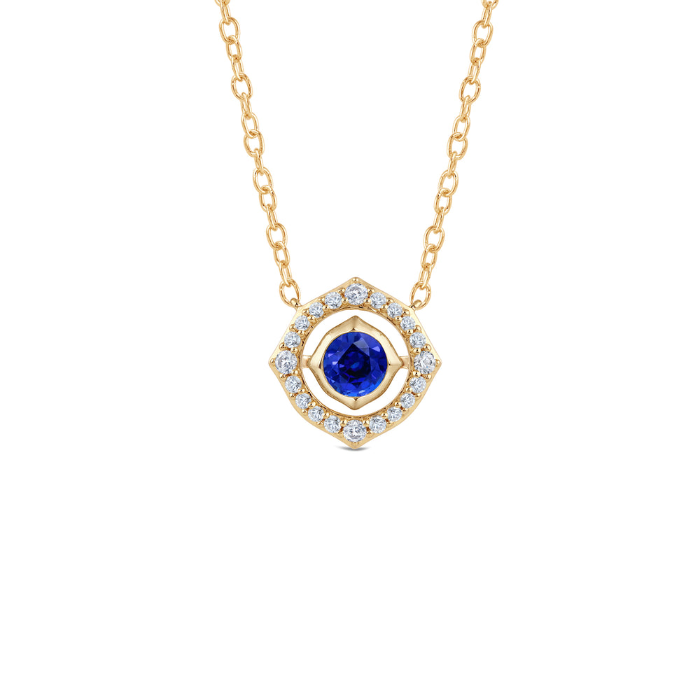 Signature Created Sapphire Birthstone Necklace with 4 Cut Diamond in 14KT Yellow Gold view 1
