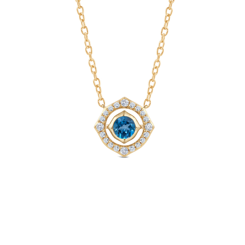 Signature London Blue Topaz Birthstone Necklace with 4 Cut Diamond in 14KT Yellow Gold view 1
