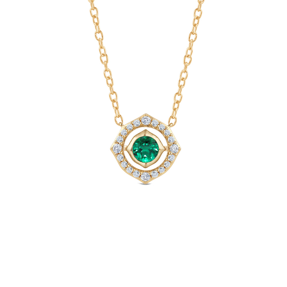 Signature Created Emerald Birthstone Necklace with 4 Cut Diamond in 14KT Yellow Gold view 1
