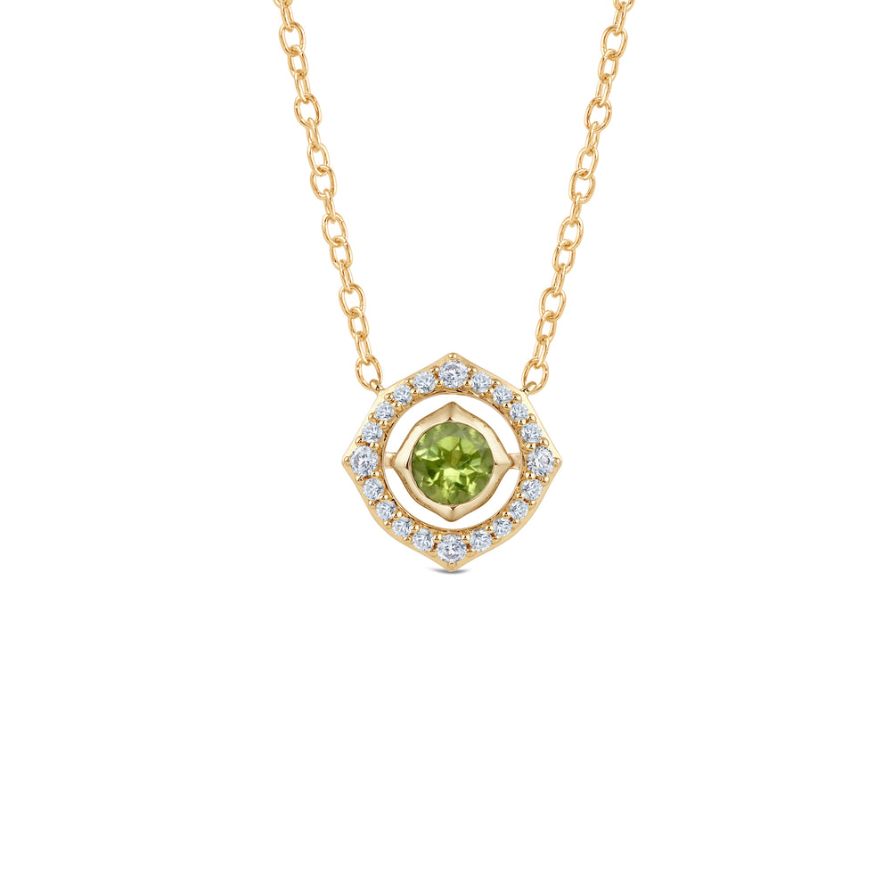 Signature Peridot Birthstone Necklace with 4 Cut Diamond in 14KT Yellow Gold view 1
