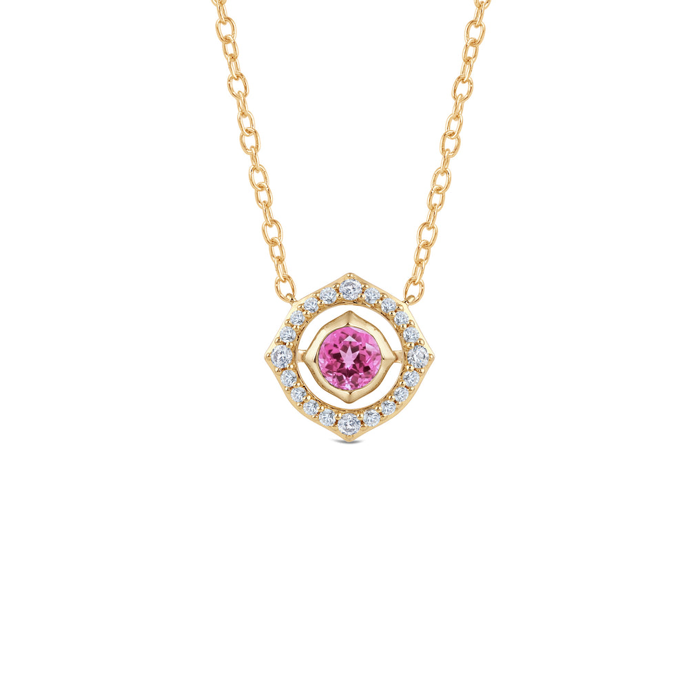 Signature Pink Tourmaline Birthstone Necklace with 4 Cut Diamond in 14KT Yellow Gold view 1
