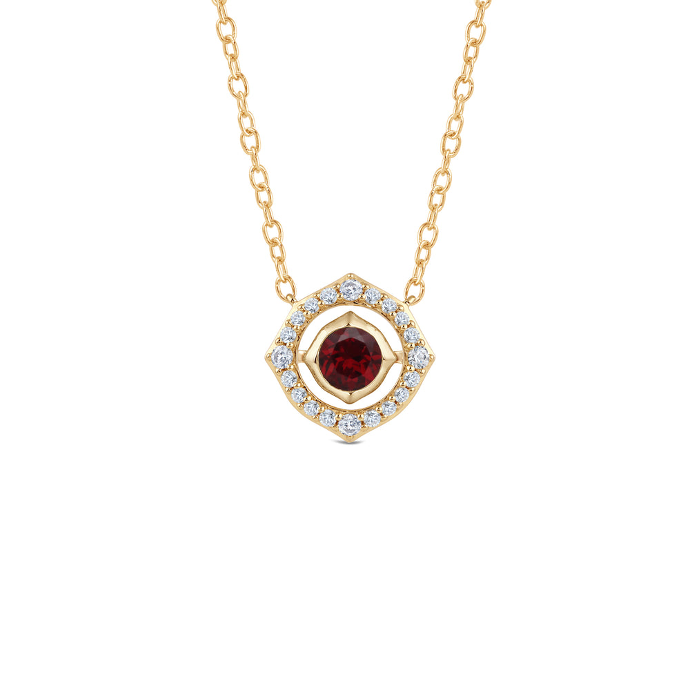 Signature Garnet Birthstone Necklace with 4 Cut Diamond in 14KT Yellow Gold view 1
