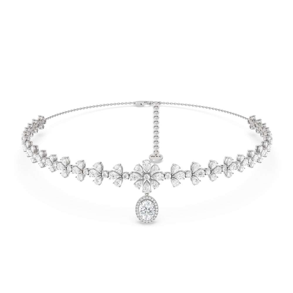 Classic Oval Halo Dangle Choker Necklace with 14KT White Gold / Lab / 19 Cut Diamond in 14KT White Gold / Lab / 19 view 1
