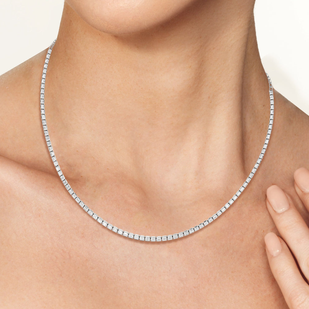 Emerald East West Half Diamond Tennis Necklace with 5 Cut Diamond in 14KT White Gold view 7
