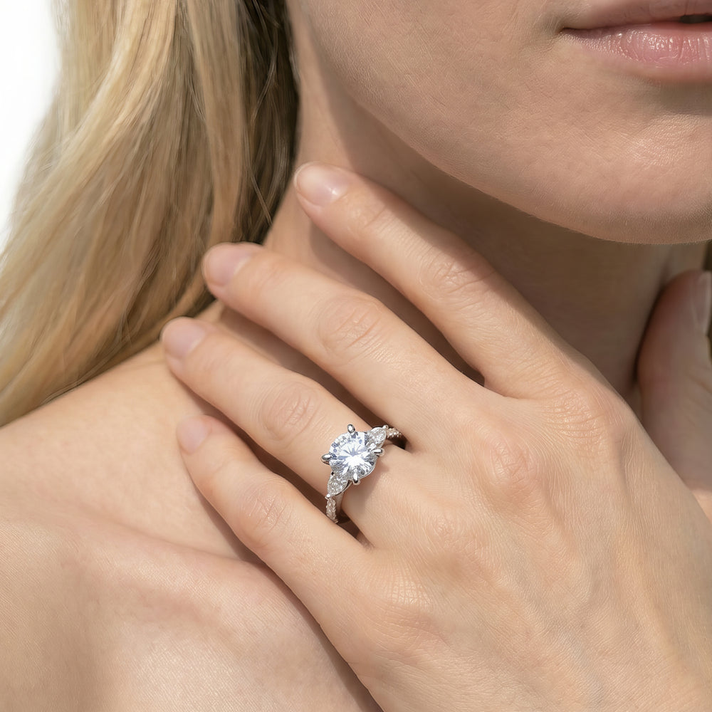 Pear Three Stone Pave Engagement Ring with Oval Cut Diamond in 14KT Platinum view 2
