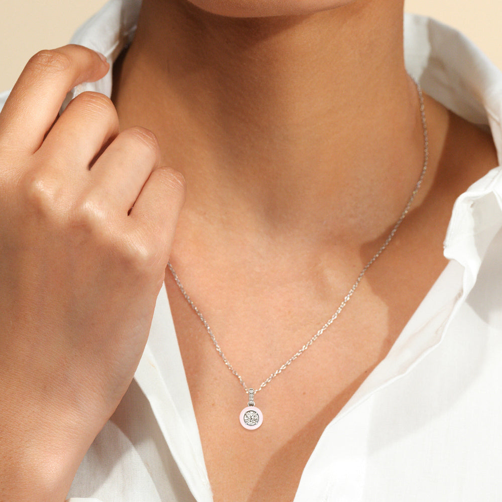 Model Wearing Round Bezel Drop Necklace in Ceramic view