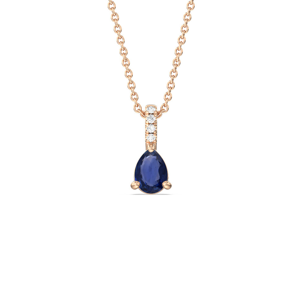 Pear Sapphire and Lab Diamond Classic Solitaire Pendant With Studded Bale with 8x5 Cut Diamond in 14KT Rose Gold view 1
