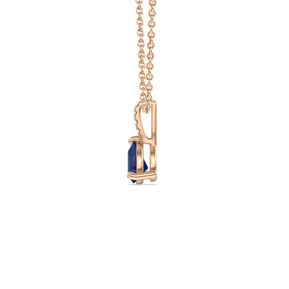 Pear Sapphire and Lab Diamond Classic Solitaire Pendant With Studded Bale with 8x5 Cut Diamond in 14KT Rose Gold view 2
