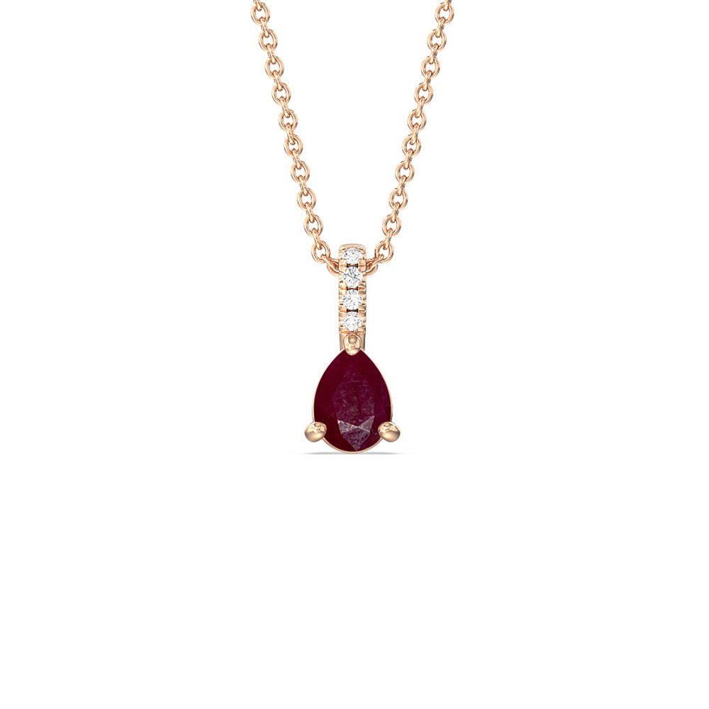 Pear Ruby and Lab Diamond Classic Solitaire Pendant With Studded Bale with 8x5 Cut Diamond in 14KT Rose Gold view 1
