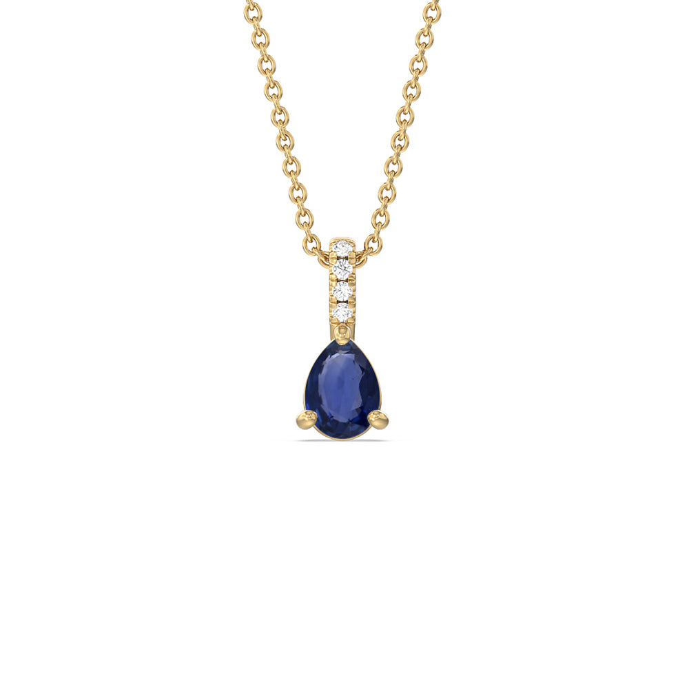 Pear Sapphire and Lab Diamond Classic Solitaire Pendant With Studded Bale with 8x5 Cut Diamond in 14KT Yellow Gold view 1
