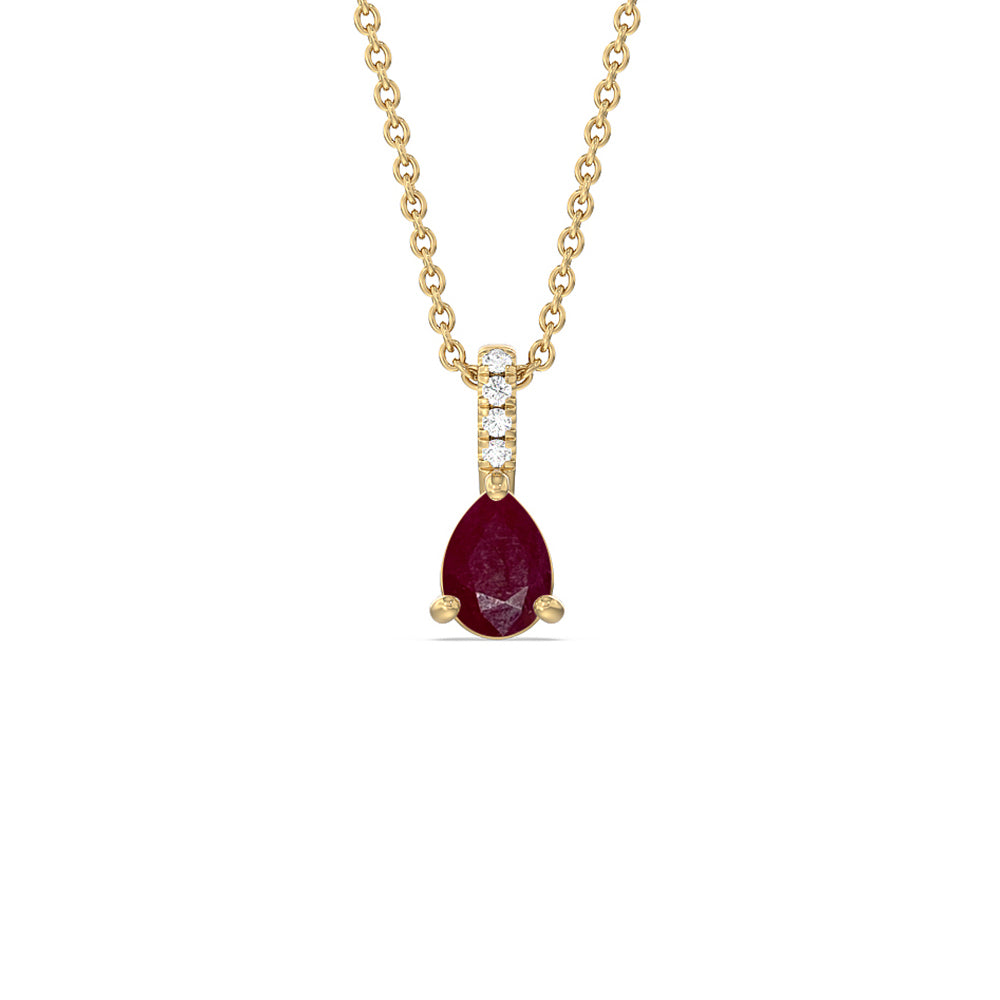Pear Ruby and Lab Diamond Classic Solitaire Pendant With Studded Bale with 8x5 Cut Diamond in 14KT Yellow Gold view 1
