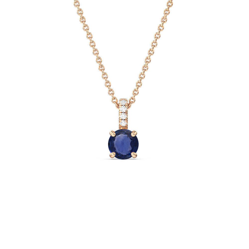 Round Sapphire and Lab Diamond Classic Solitaire Pendant With Studded Bale with 7 Cut Diamond in 14KT Rose Gold view 1
