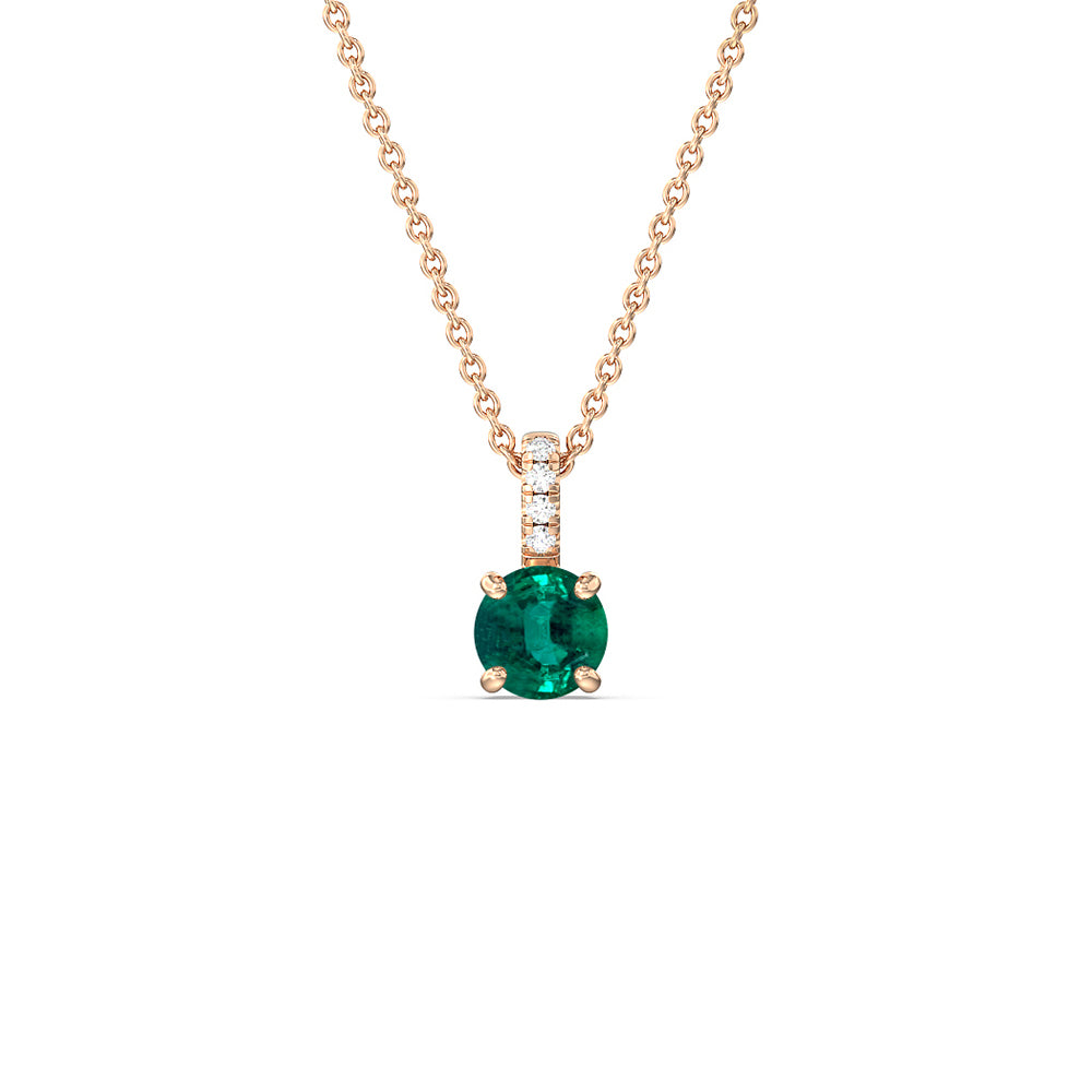 Round Shape Emerald and Lab Diamond Classic Solitaire Pendant With Studded Bale with 7 Cut Diamond in 14KT Rose Gold view 1
