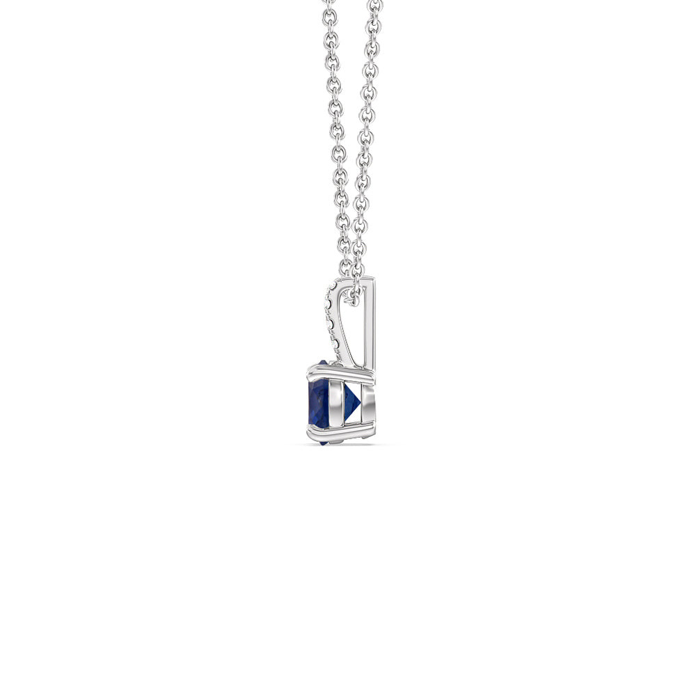 Round Sapphire and Lab Diamond Classic Solitaire Pendant With Studded Bale with 7 Cut Diamond in 14KT White Gold view 2
