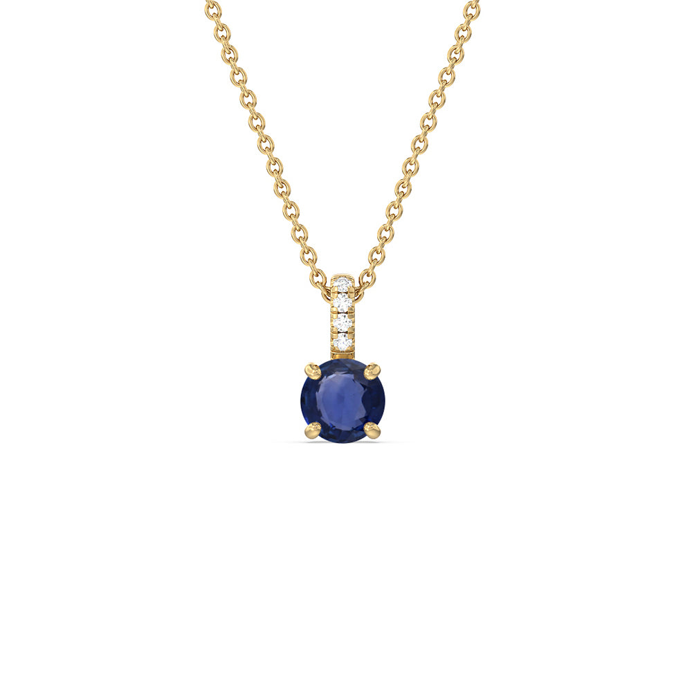 Round Sapphire and Lab Diamond Classic Solitaire Pendant With Studded Bale with 7 Cut Diamond in 14KT Yellow Gold view 1
