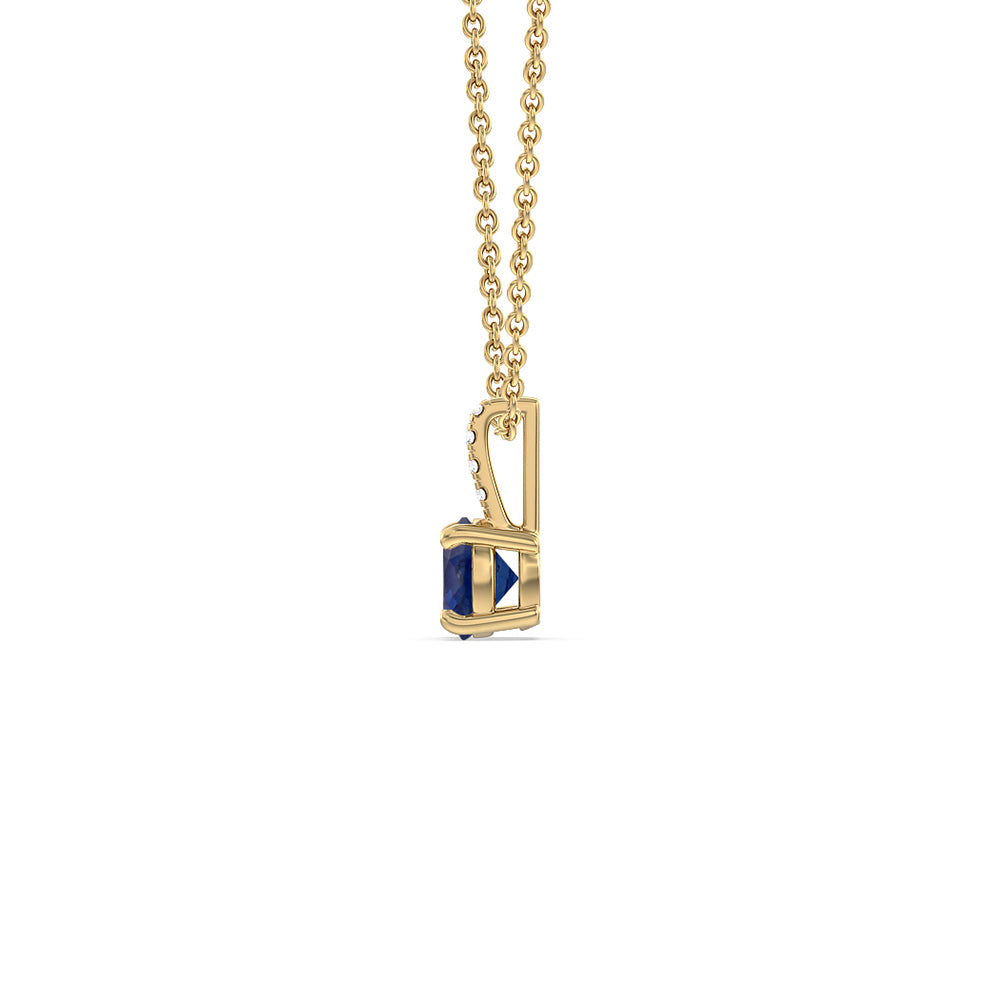 Round Sapphire and Lab Diamond Classic Solitaire Pendant With Studded Bale with 7 Cut Diamond in 14KT Yellow Gold view 2
