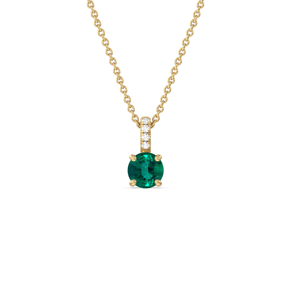 Round Shape Emerald and Lab Diamond Classic Solitaire Pendant With Studded Bale with 7 Cut Diamond in 14KT Yellow Gold view 1
