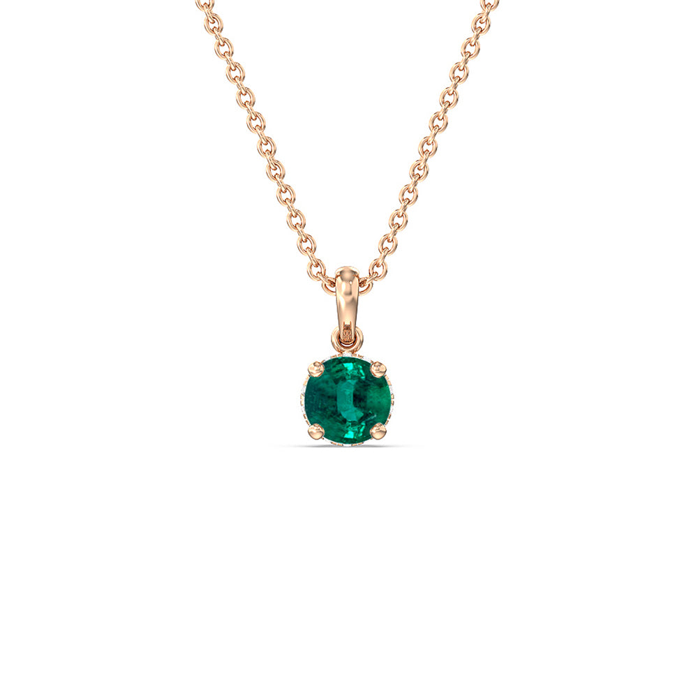 Round Shape Emerald and Lab Diamond Classic Solitaire Under Halo Pendant with 7 Cut Diamond in 14KT Rose Gold view 1
