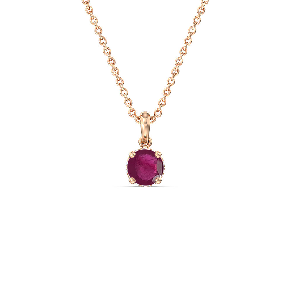 Round Ruby and Lab Diamond Classic Solitaire Under Halo Pendant with 6 Cut Diamond in 14KT Rose Gold view 1
