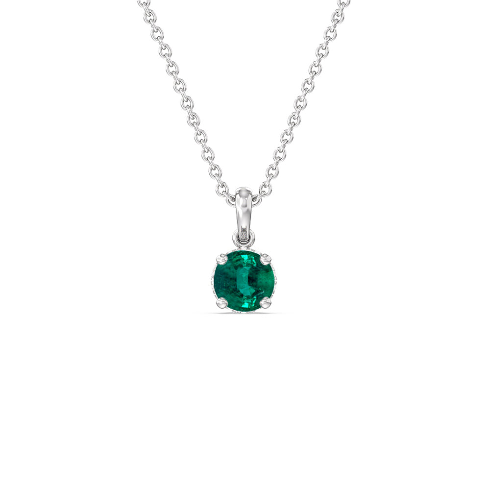 Round Shape Emerald and Lab Diamond Classic Solitaire Under Halo Pendant with 7 Cut Diamond in 14KT White Gold view 1
