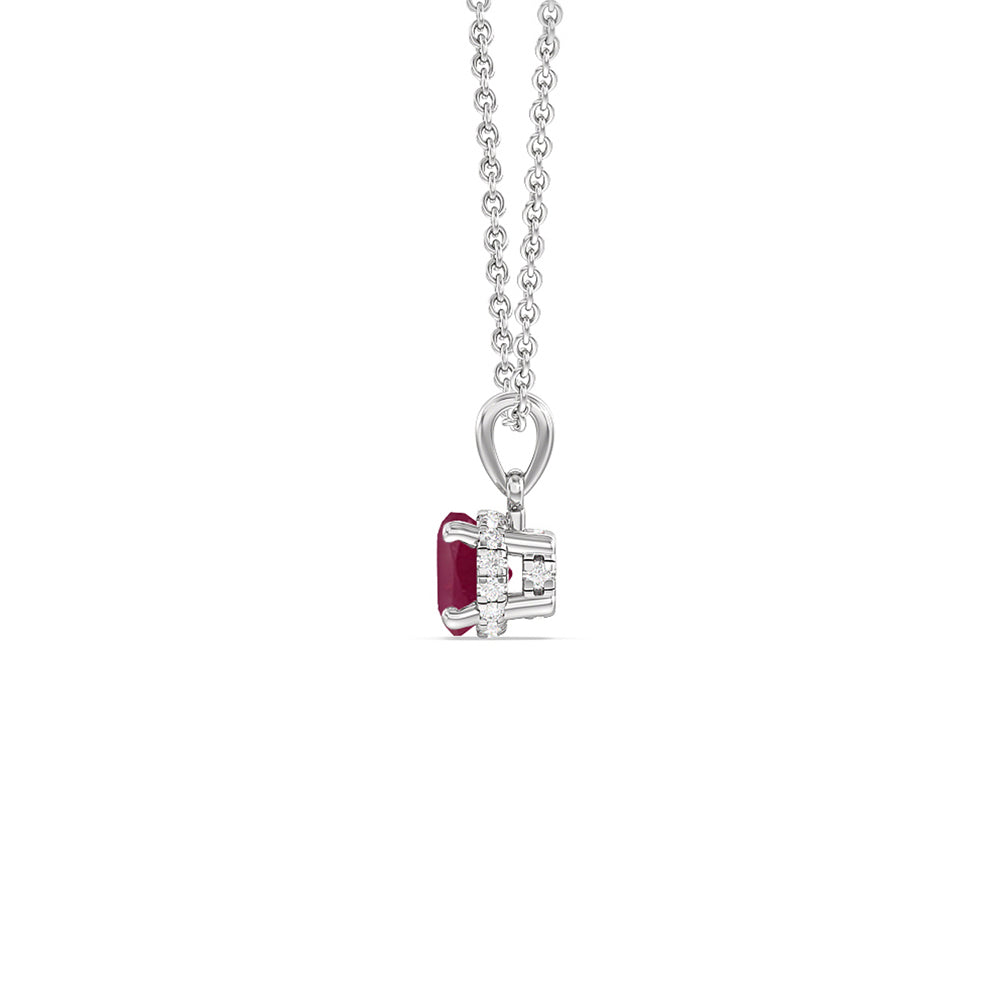 Round Ruby and Lab Diamond Classic Solitaire Under Halo Pendant with 6 Cut Diamond in 14KT White Gold view 2
