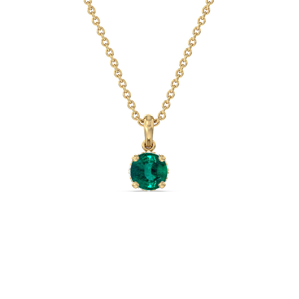 Round Shape Emerald and Lab Diamond Classic Solitaire Under Halo Pendant with 7 Cut Diamond in 14KT Yellow Gold view 1
