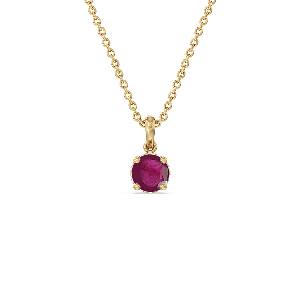 Round Ruby and Lab Diamond Classic Solitaire Under Halo Pendant with 6 Cut Diamond in 14KT Yellow Gold view 1
