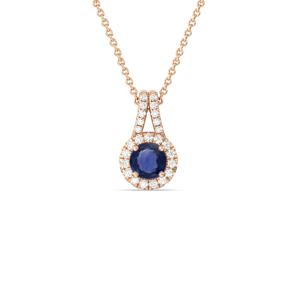 Round Sapphire and Lab Diamond Classic Halo Pendant With Studded Split Bale with 7 Cut Diamond in 14KT Rose Gold view 1
