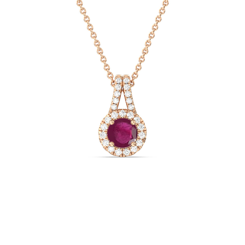 Round Ruby and Lab Diamond Classic Halo Pendant With Studded Split Bale with 6 Cut Diamond in 14KT Rose Gold view 1
