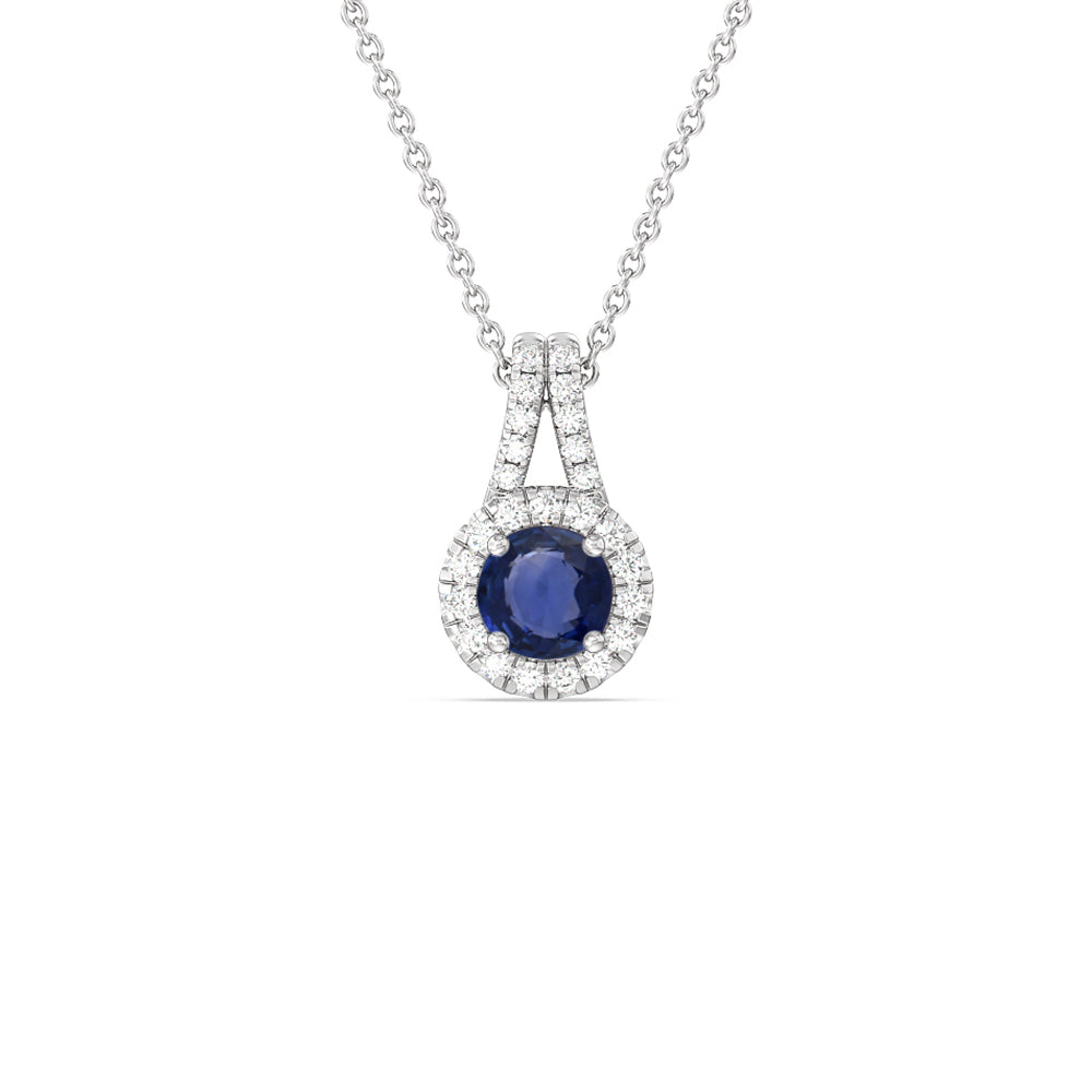 Round Sapphire and Lab Diamond Classic Halo Pendant With Studded Split Bale