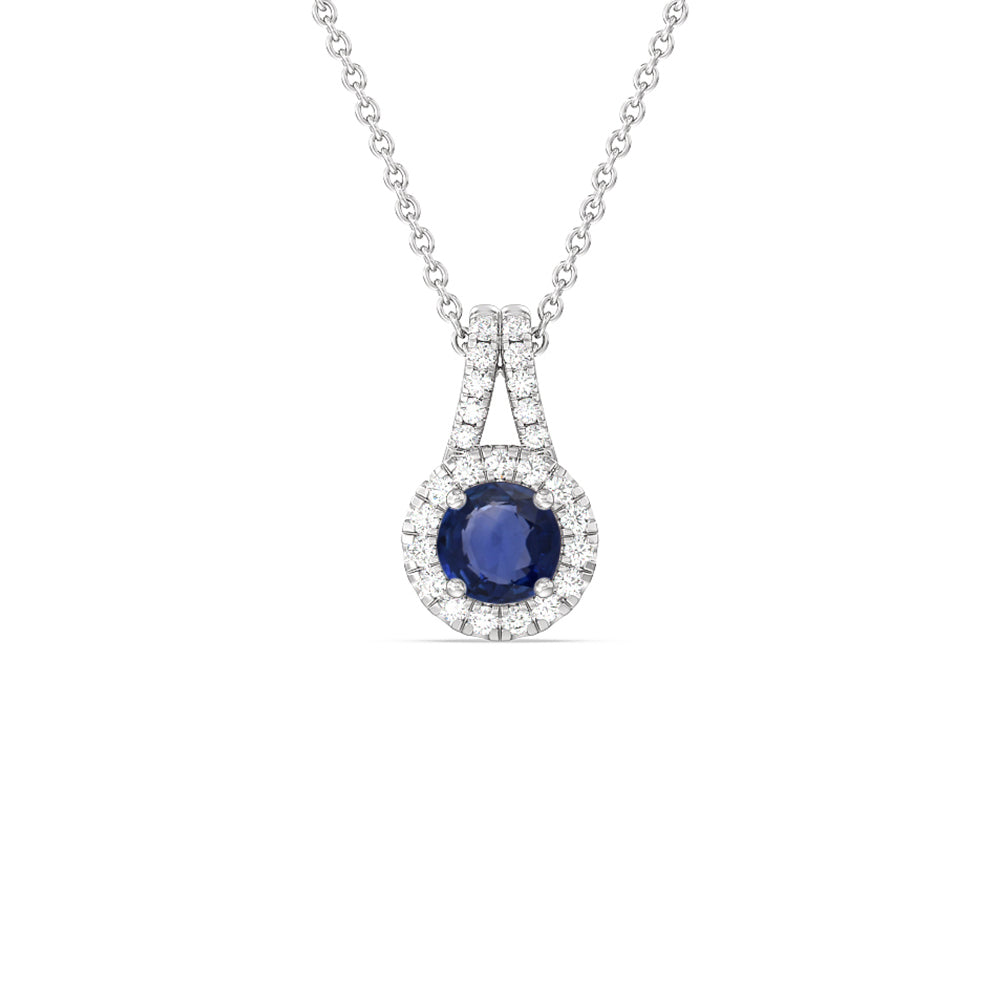Round Sapphire and Lab Diamond Classic Halo Pendant With Studded Split Bale with 7 Cut Diamond in 14KT White Gold view 1
