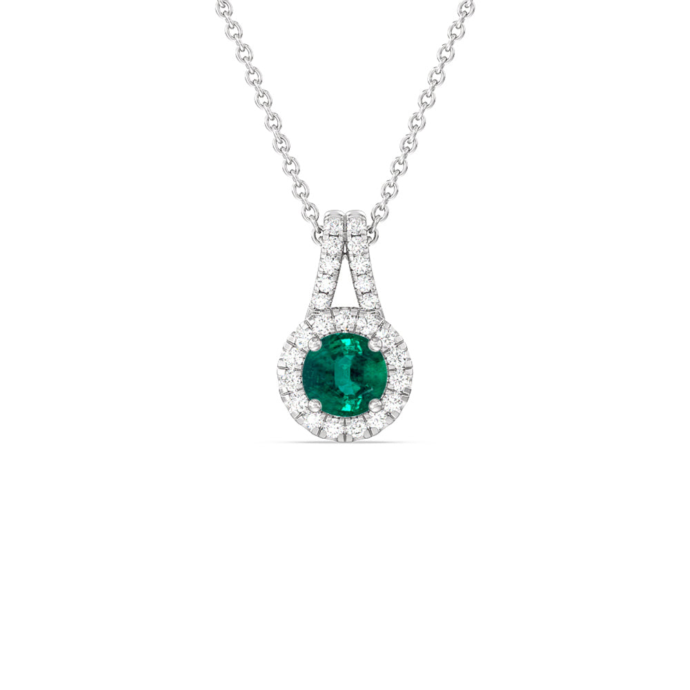 Round Shape Emerald and Lab Diamond Classic Halo Pendant With Studded Split Bale with 7 Cut Diamond in 14KT White Gold view 1
