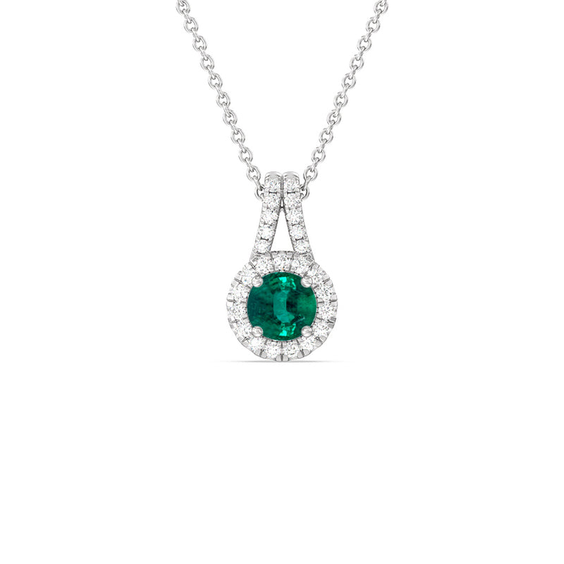 Round Shape Emerald and Lab Diamond Classic Halo Pendant With Studded Split Bale