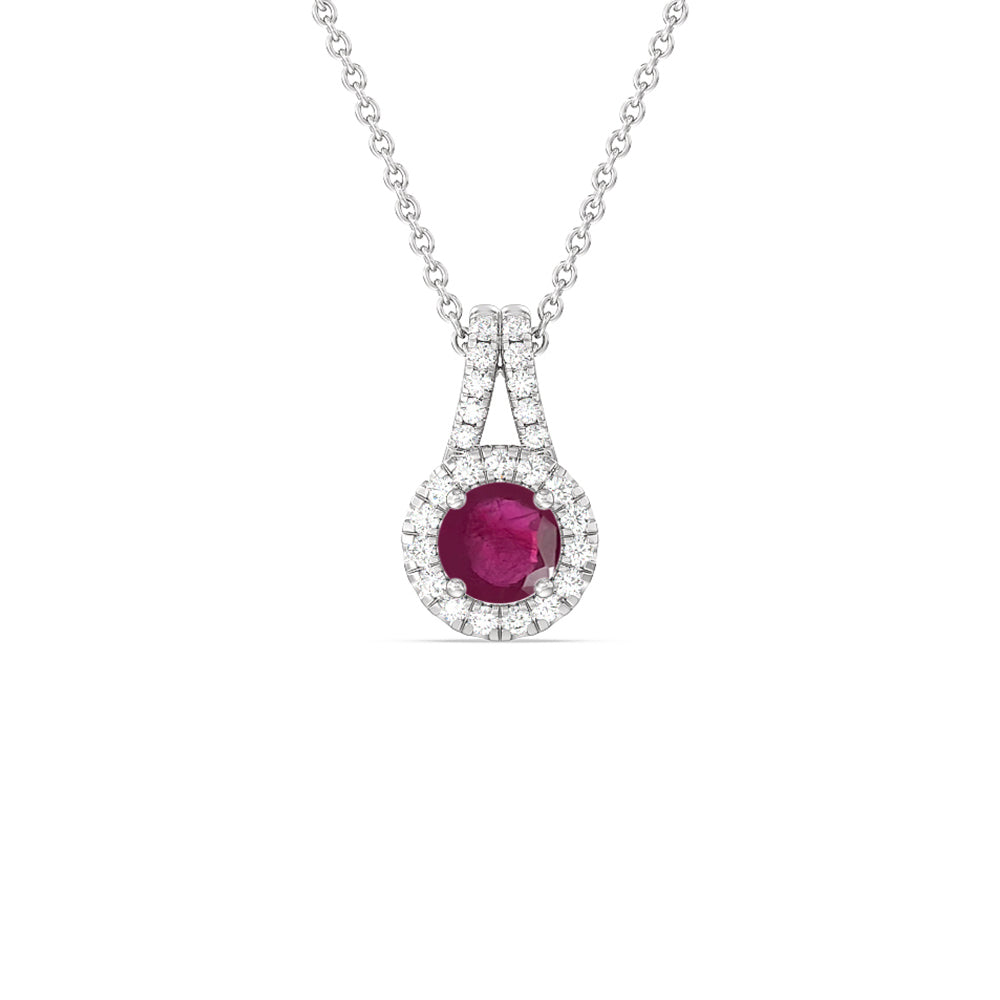 Round Ruby and Lab Diamond Classic Halo Pendant With Studded Split Bale with 6 Cut Diamond in 14KT White Gold view 1
