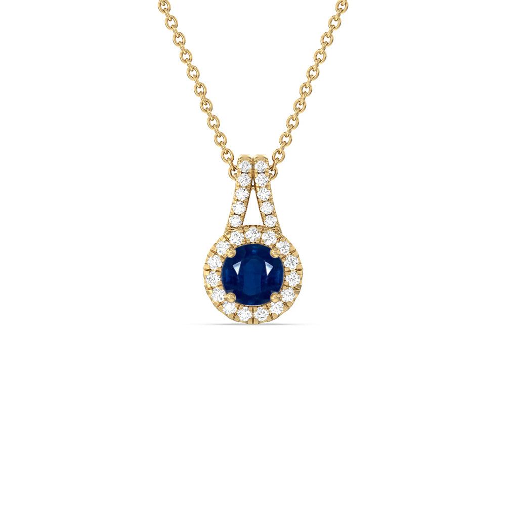 Round Sapphire and Lab Diamond Classic Halo Pendant With Studded Split Bale with 7 Cut Diamond in 14KT Yellow Gold view 1
