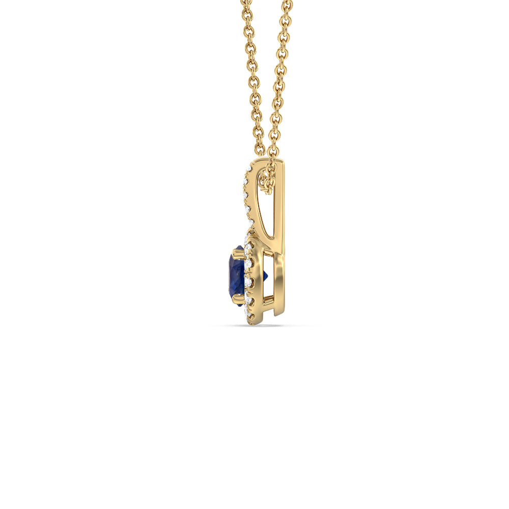 Round Sapphire and Lab Diamond Classic Halo Pendant With Studded Split Bale with 7 Cut Diamond in 14KT Yellow Gold view 2
