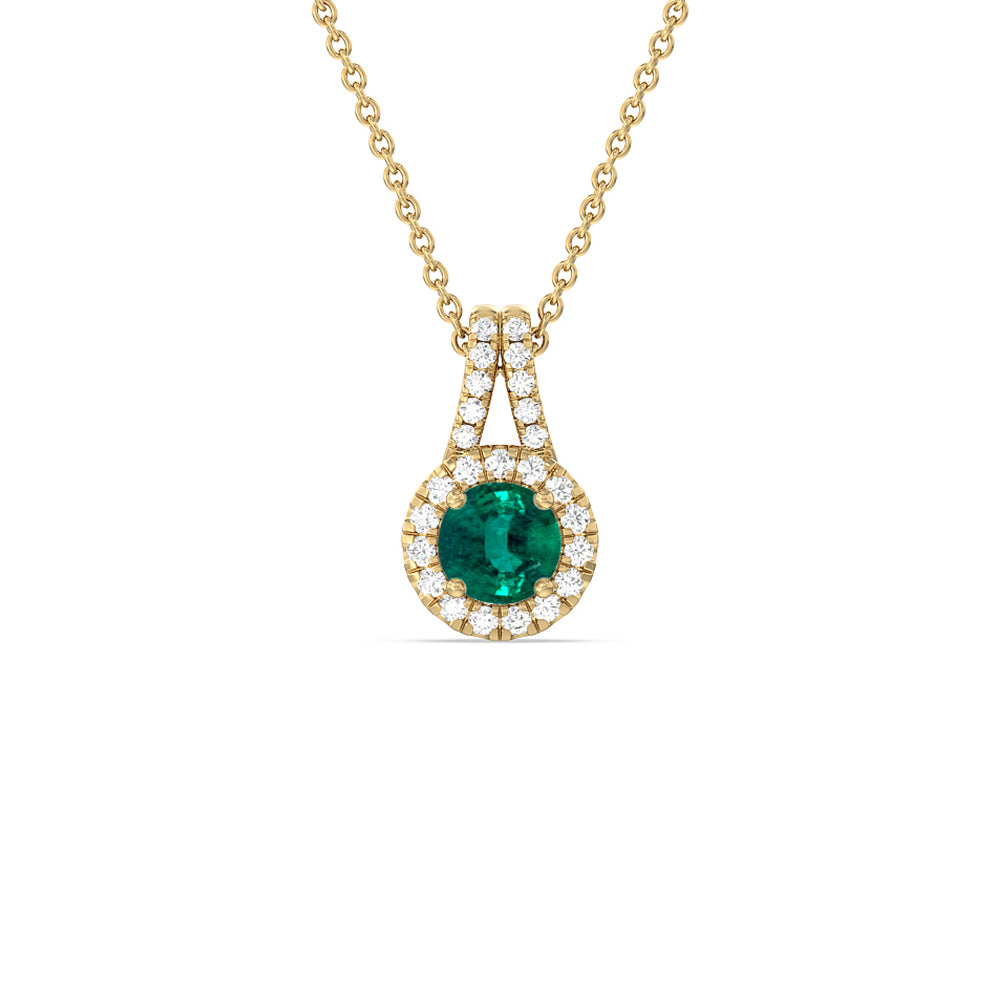 Round Shape Emerald and Lab Diamond Classic Halo Pendant With Studded Split Bale with 7 Cut Diamond in 14KT Yellow Gold view 1
