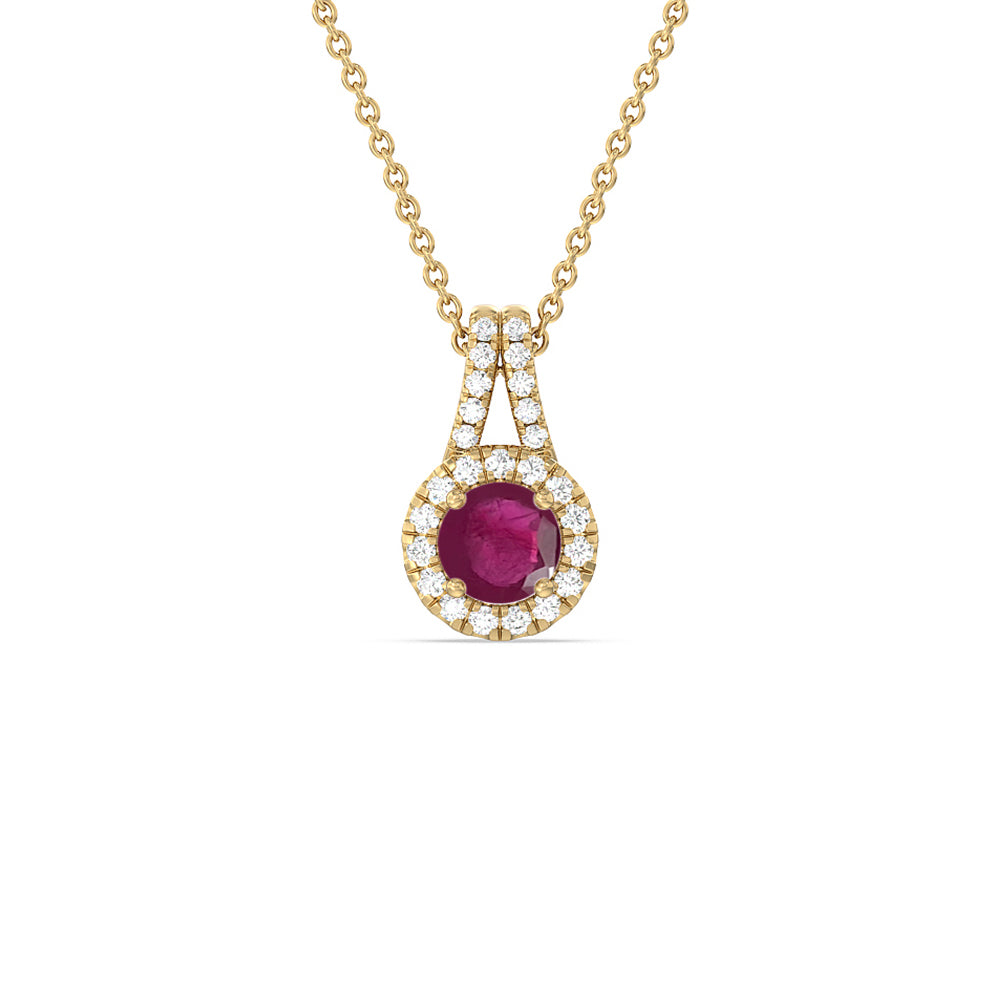 Round Ruby and Lab Diamond Classic Halo Pendant With Studded Split Bale with 6 Cut Diamond in 14KT Yellow Gold view 1
