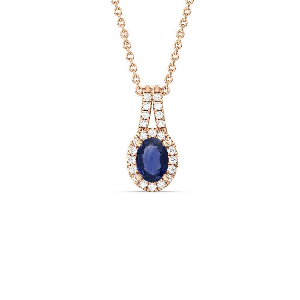Oval Sapphire and Lab Diamond Classic Halo Pendant With Studded Split Bale with 8x6 Cut Diamond in 14KT Rose Gold view 1
