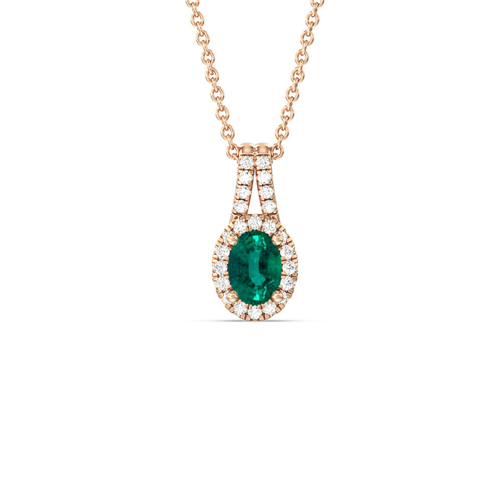 Oval Shape Emerald and Lab Diamond Classic Halo Pendant With Studded Split Bale with 8x6 Cut Diamond in 14KT Rose Gold view 1
