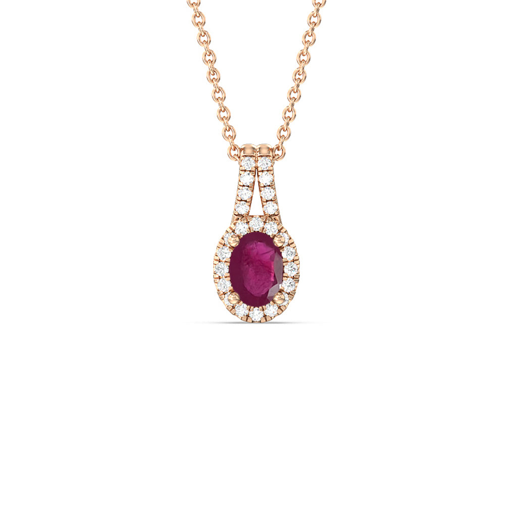 Oval Ruby and Lab Diamond Classic Halo Pendant With Studded Split Bale with 8x6 Cut Diamond in 14KT Rose Gold view 1
